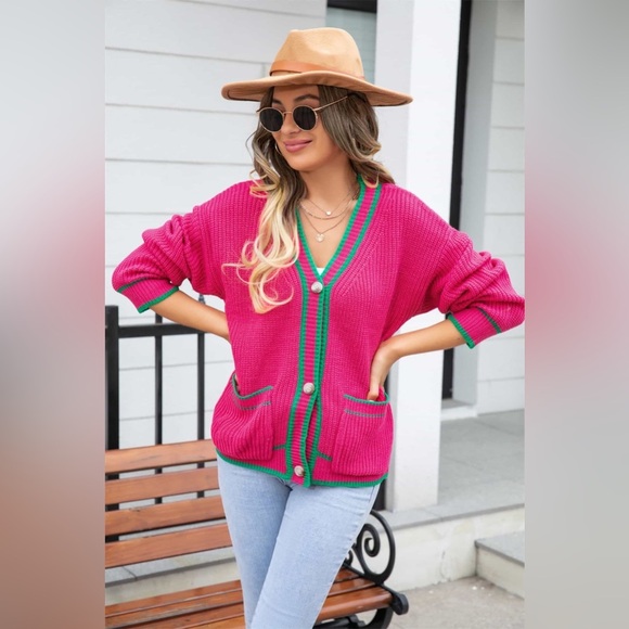 Waffle Knit V-Neck Cardigan with Pocket - Picture 8 of 12